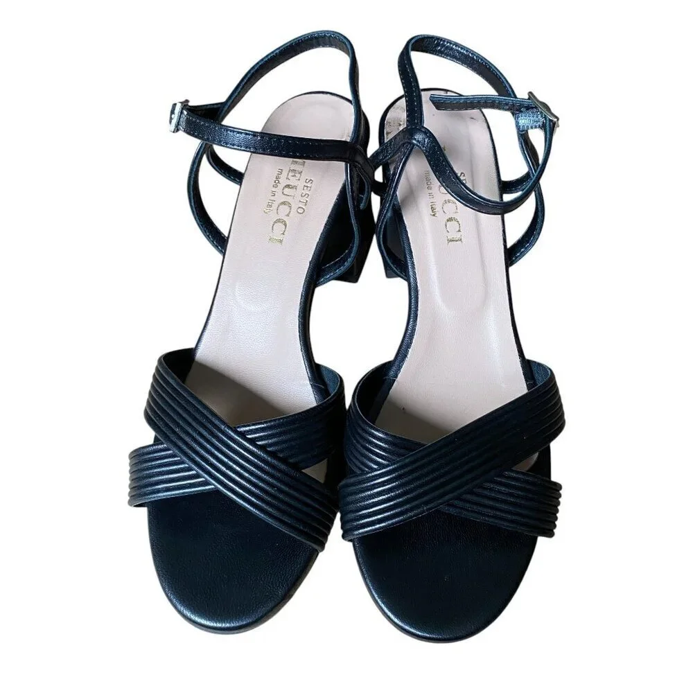 Sesto Meucci Afra - Black Leather Peep Toe Ankle Strap Sandal Block Heel - 8